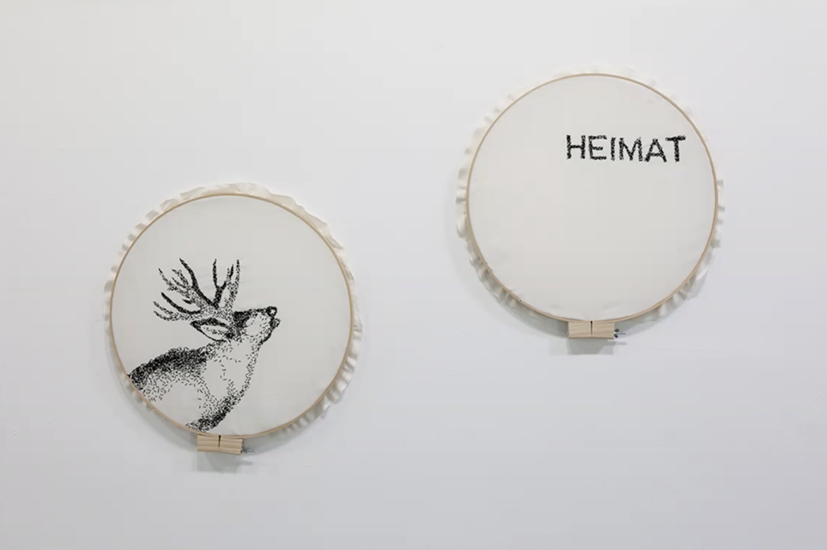 Heimat, 2017 — embroidery hoops, black silk thread on white silk fabric