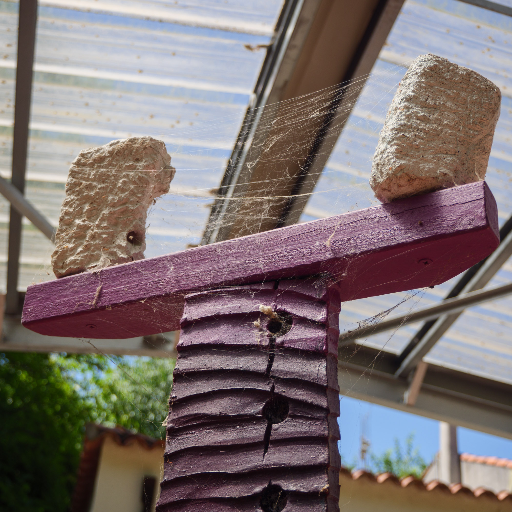 Hanging wooden cross form under a pergola
