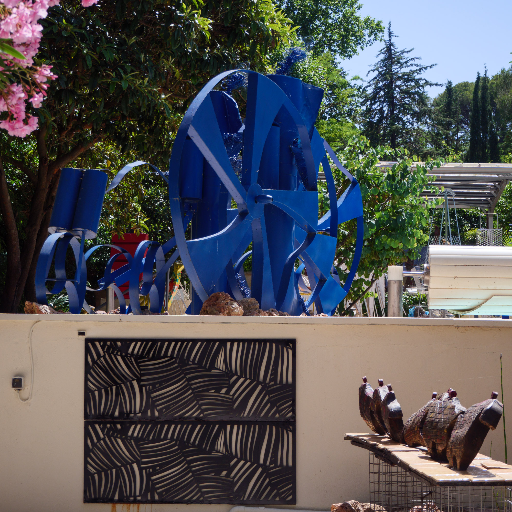 Blue monumental sculpture and wall relief in the garden