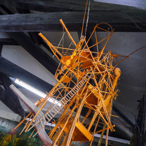 Waterworld — orange metal scaffolding structure suspended from the ceiling