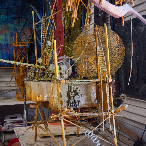 Studio interior — works in progress, tools, a globe-like form