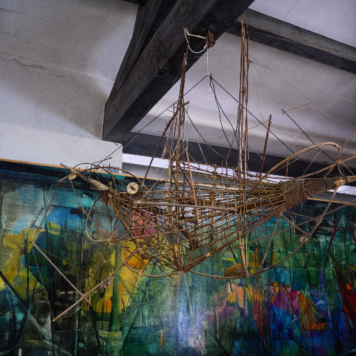 Hanging wicker and bamboo structure with colorful painting behind