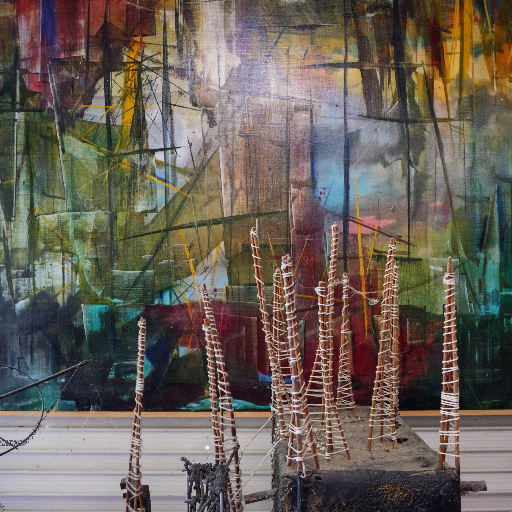 Large colorful abstract painting with tall narrow sculptures standing before it