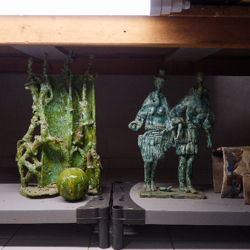 Small bronze sculptures with green patina — soldiers and figures