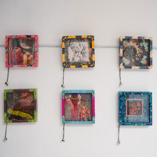 Close-up of Madeleine's new framed mixed-media works