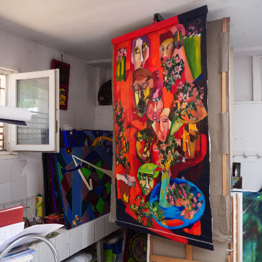 Large figurative painting in the studio — vivid colour, many figures