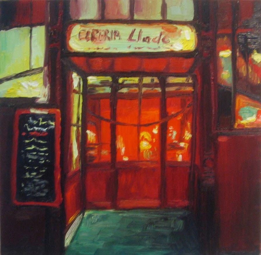Bar facade at night — oil painting, Barcelona 2011–2012, the gestural quality and night light