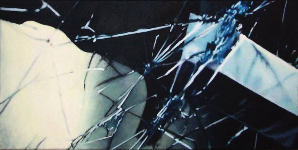 Knife in cracked windshield — acrylic on canvas, painted from a DivX film still