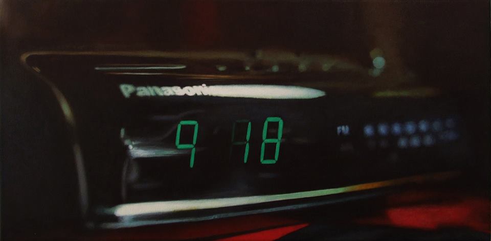 Panasonic clock radio, 9:18 — acrylic on canvas, the mundane made strange