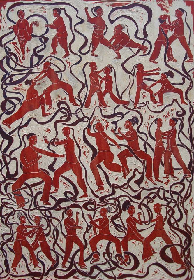 Red phase — charcoal on red ground, figures in collective movement, the carved and relief quality of the surface visible