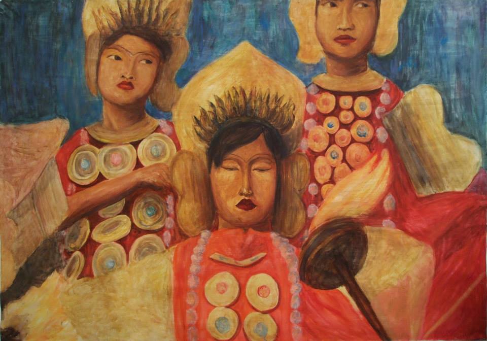Nepal festival figures — tempera and acrylic version, showing the same three figures in colour and costume