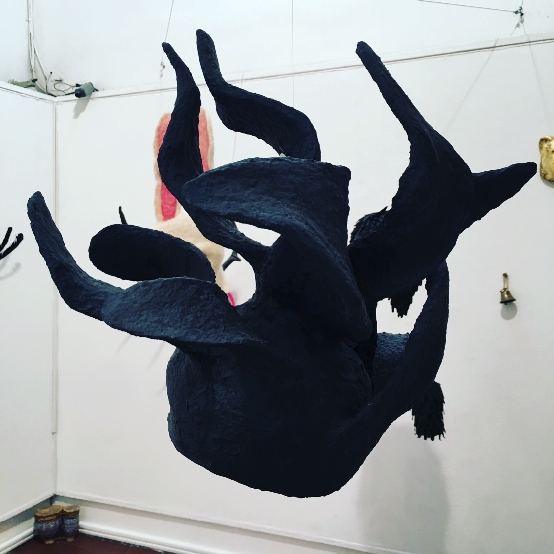 Large black hanging sculpture, PhD exhibition 2018