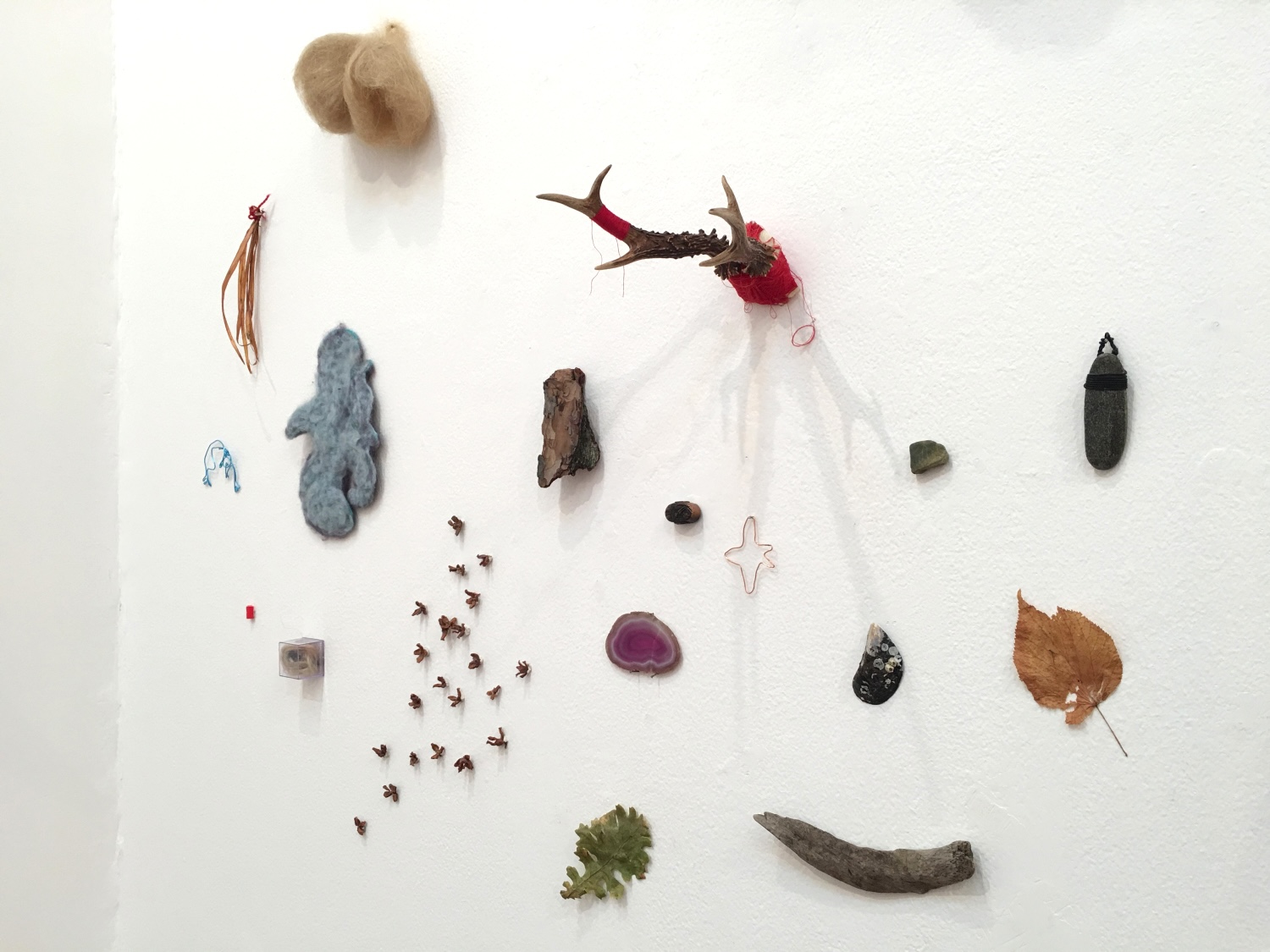 Installation detail — objects on wall, PhD exhibition 2018