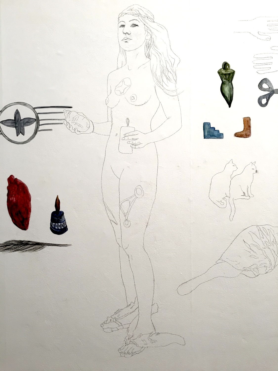 Installation detail — objects on wall, PhD exhibition 2018