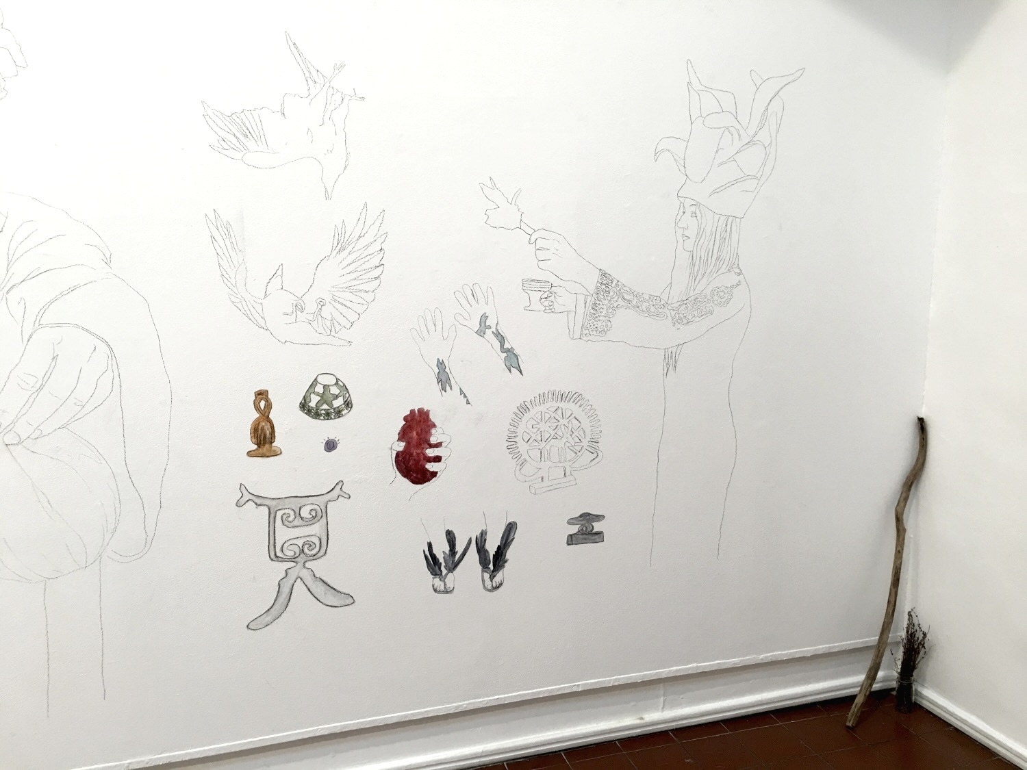 Installation detail — objects on wall, PhD exhibition 2018